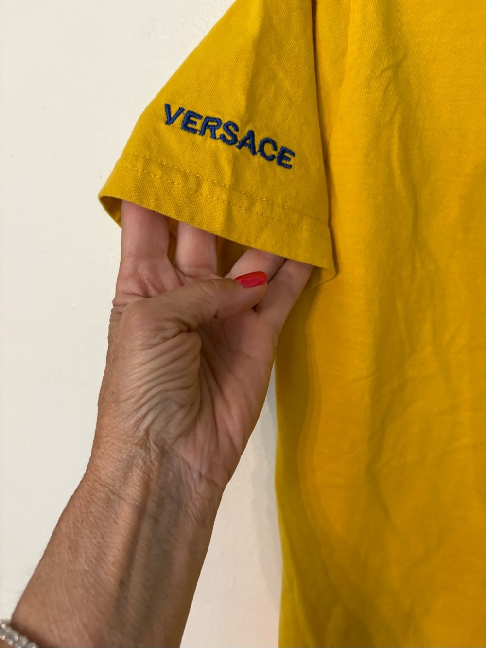 Versace Yellow Short Sleeve Logo Tee with Blue Embroidery - Picture 4 of 9